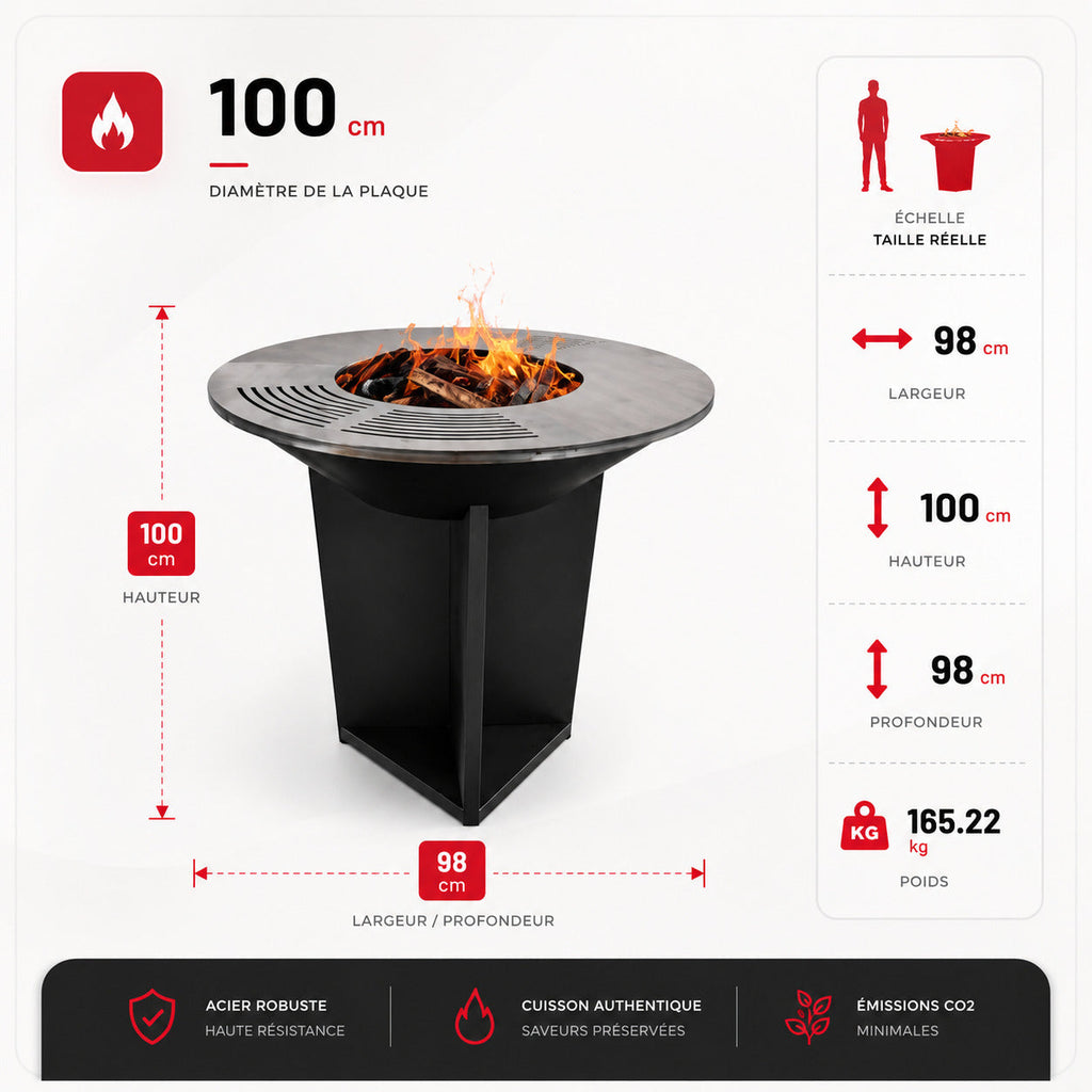 Brasero Barbecue REVO Bilbao – Acier 100 cm – Plancha circulaire – Rangement à bois intégré