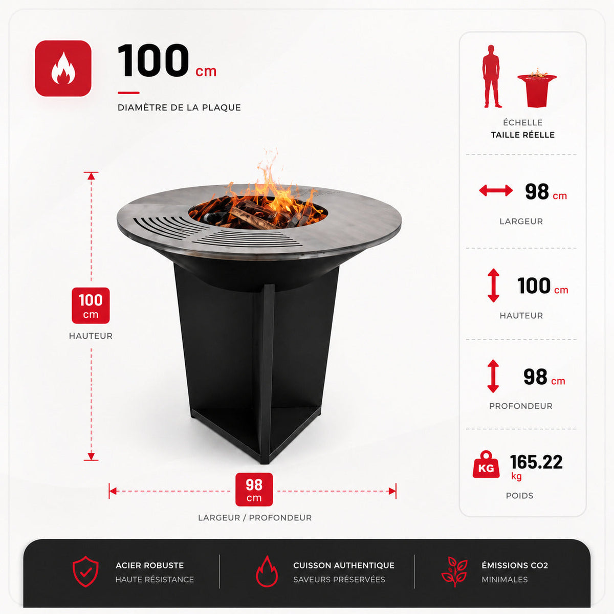Brasero Barbecue REVO Bilbao – Acier 100 cm – Plancha circulaire – Rangement à bois intégré