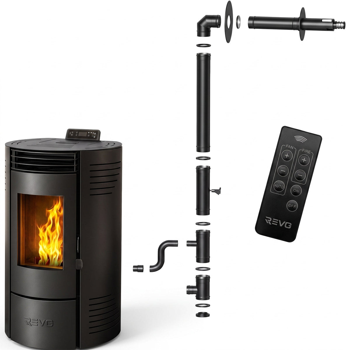 Poêle à granulés REVO 11,6 kW – Étanche – Canalisable – Réservoir 15 kg – Jusqu'à 240 m³ – Programmable