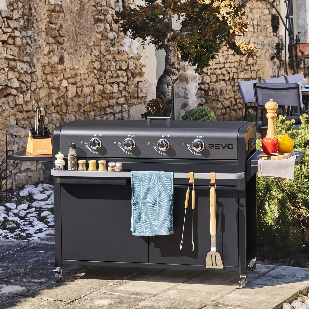 Plancha Gaz REVO Cordoba XL – Plaque Inox – 4 Brûleurs – Chariot Inclus – 9,6 kW
