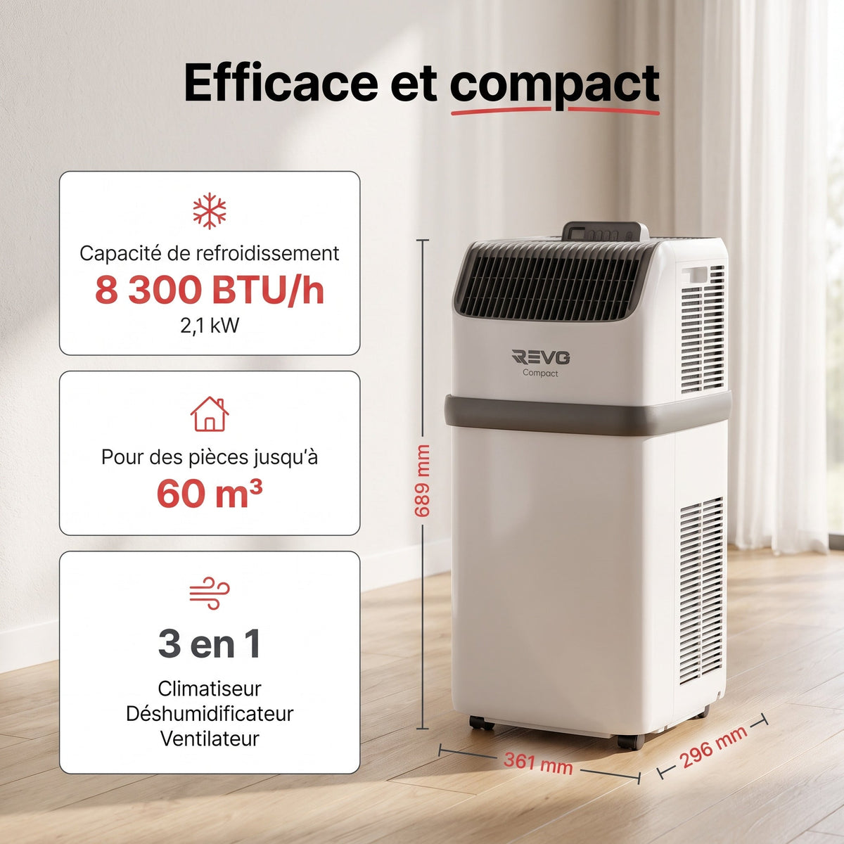 Climatiseur mobile REVO Compact – 8 300 BTU – 2,1 kW – 3-en-1 – 52 dB – Classe A