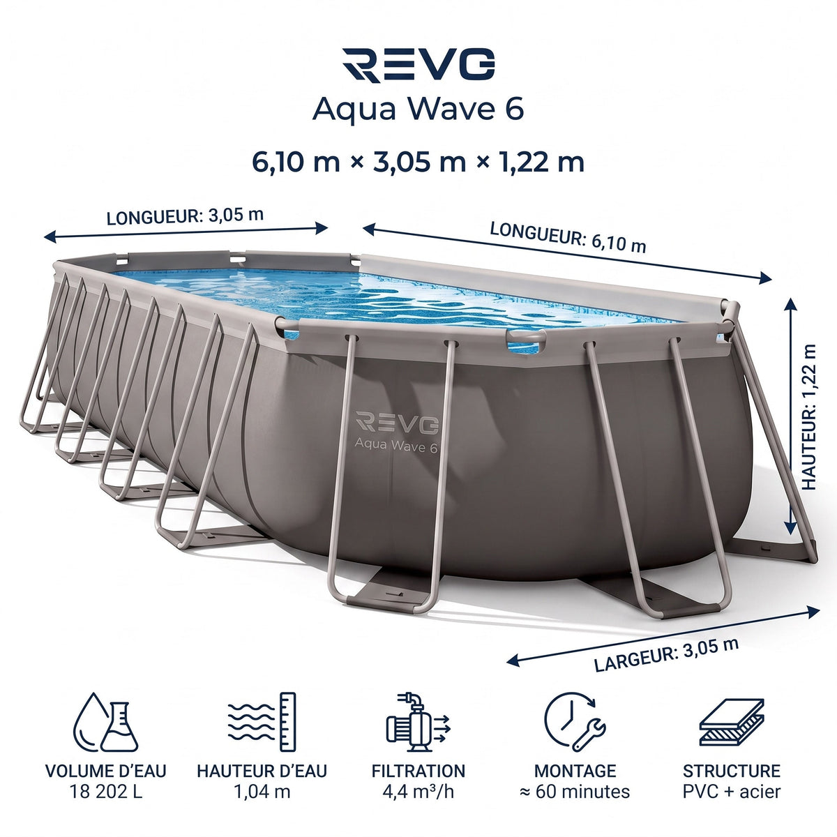 Piscine hors-sol ovale REVO Aqua Wave 6 – 610 × 305 × 122 cm – 18 202 L – Filtration 4 400 L/h – Échelle et bâche incluses