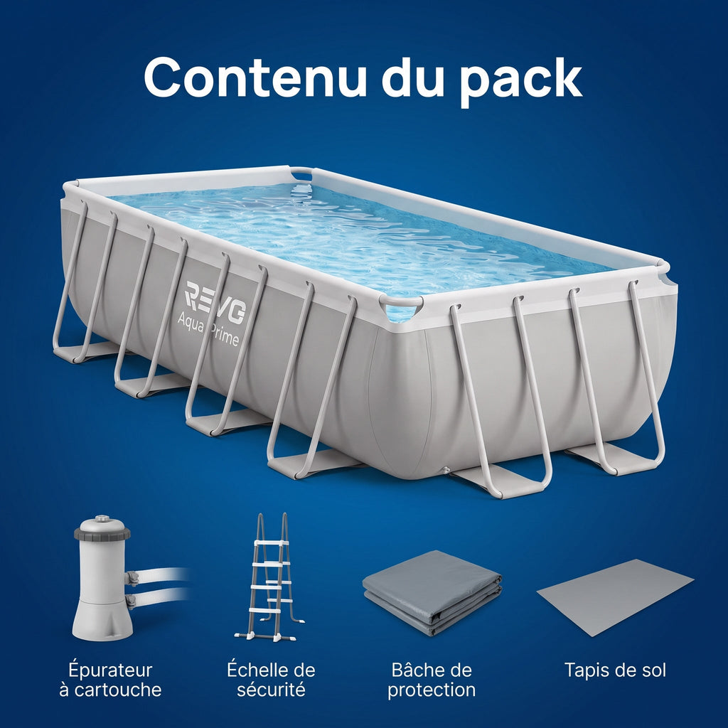 Piscine hors-sol rectangulaire REVO Aqua Prime – 400 × 200 × 122 cm – 8 418 L – Filtration à cartouche