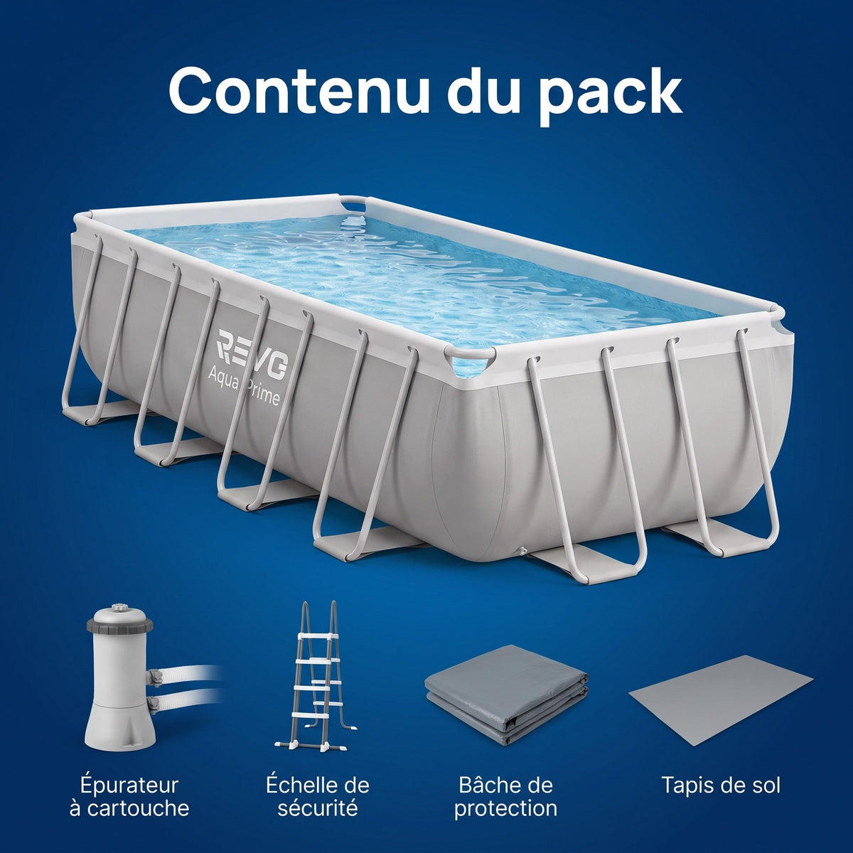 Piscine hors-sol rectangulaire REVO Aqua Prime – 400 × 200 × 122 cm – 8 418 L – Filtration à cartouche