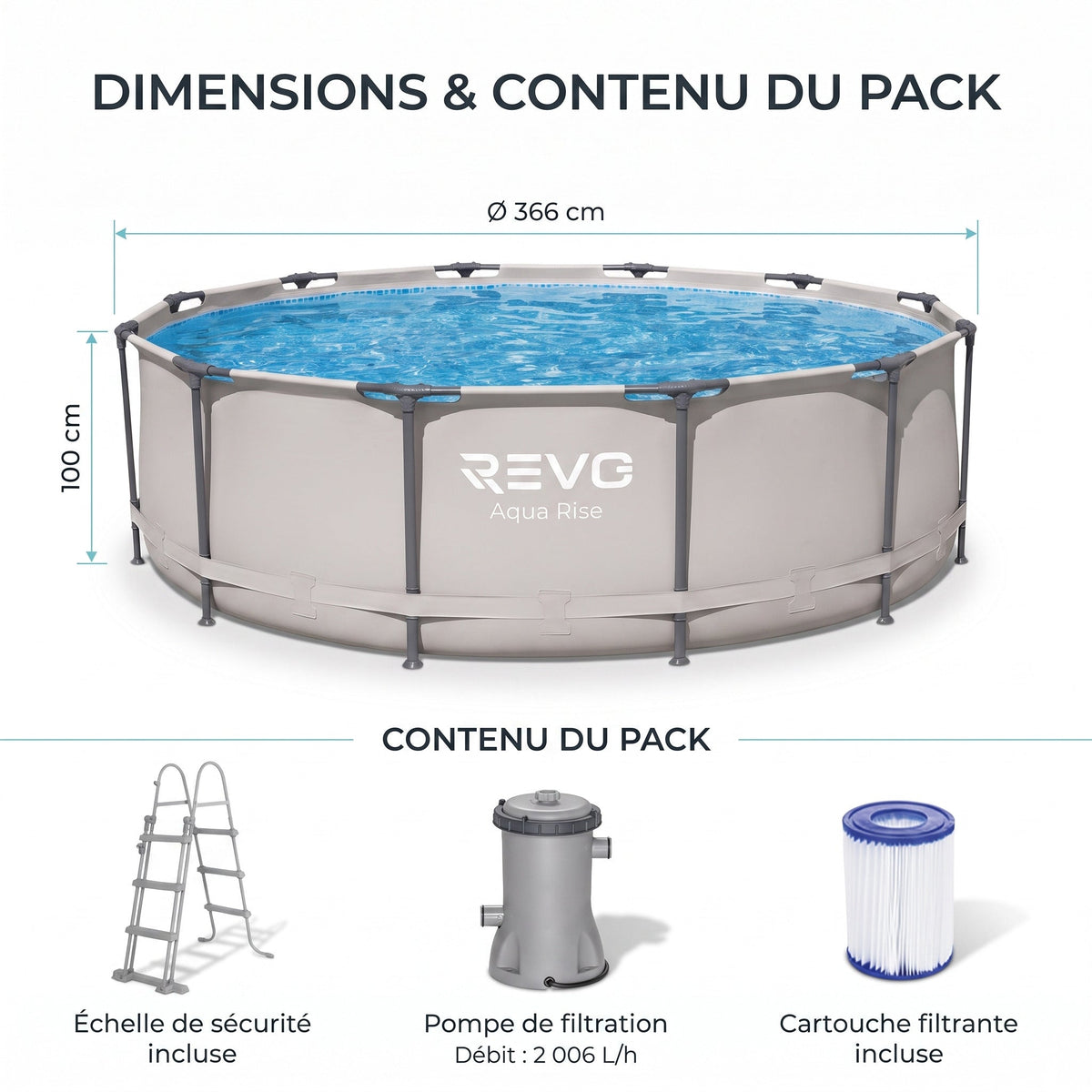 Piscine hors-sol ronde REVO Aqua Rise – Ø366 × 100 cm – 9 150 L – Filtration et échelle incluses