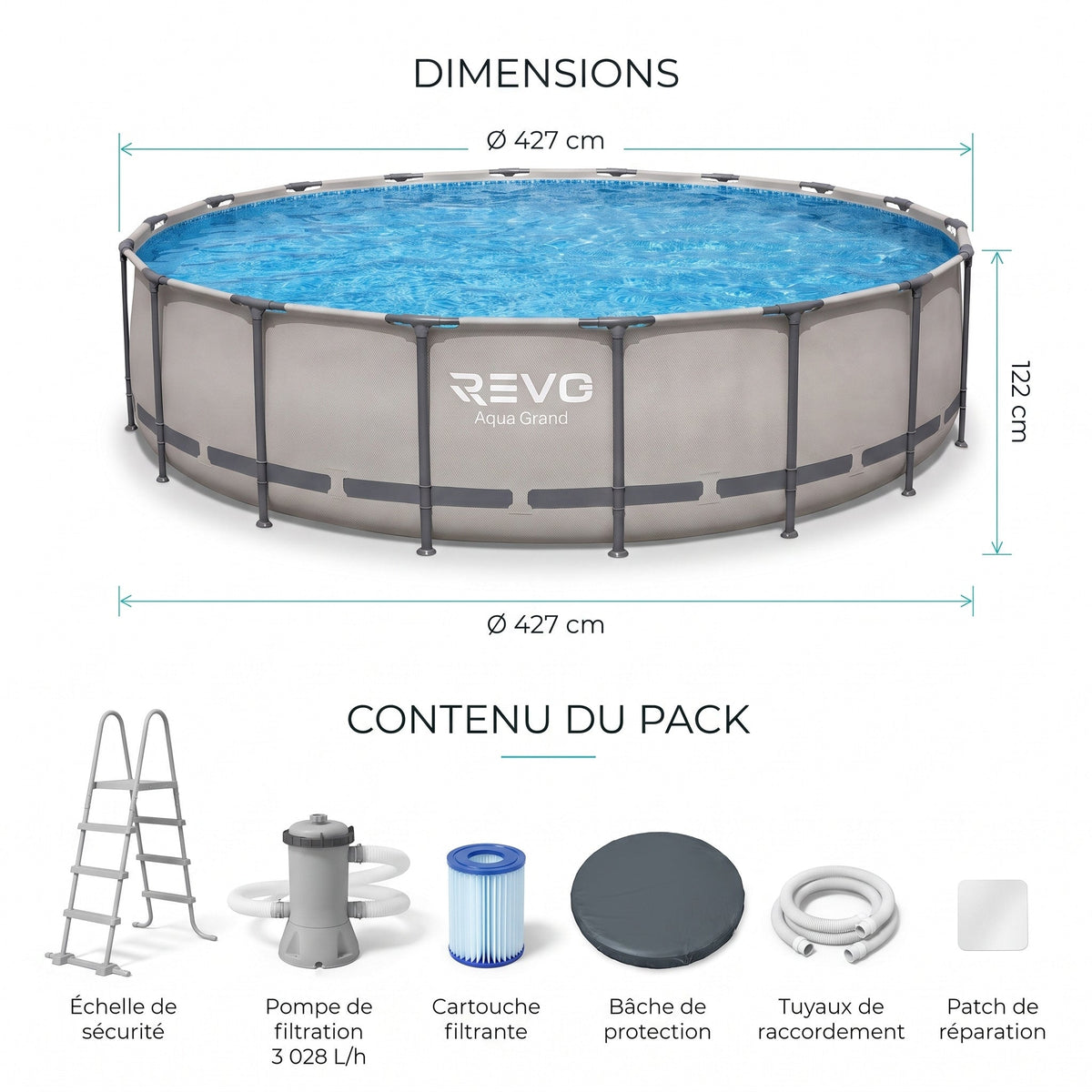 Piscine hors-sol ronde REVO Aqua Grand – Ø427 × 122 cm – 15 232 L – Filtration 3 028 L/h