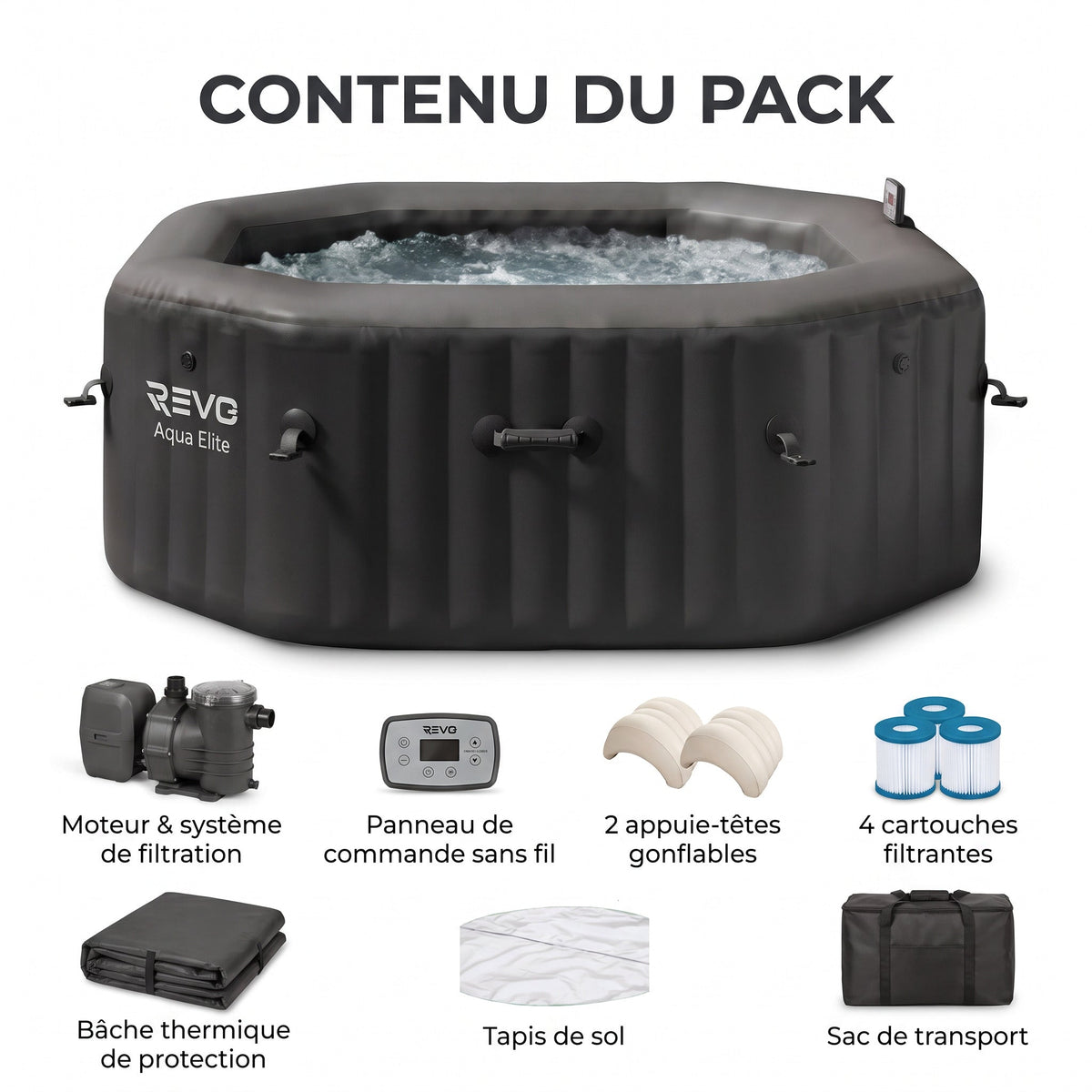 Spa gonflable REVO Aqua Elite – 4 places – 120 jets – Chauffage 40°C – Wi-Fi