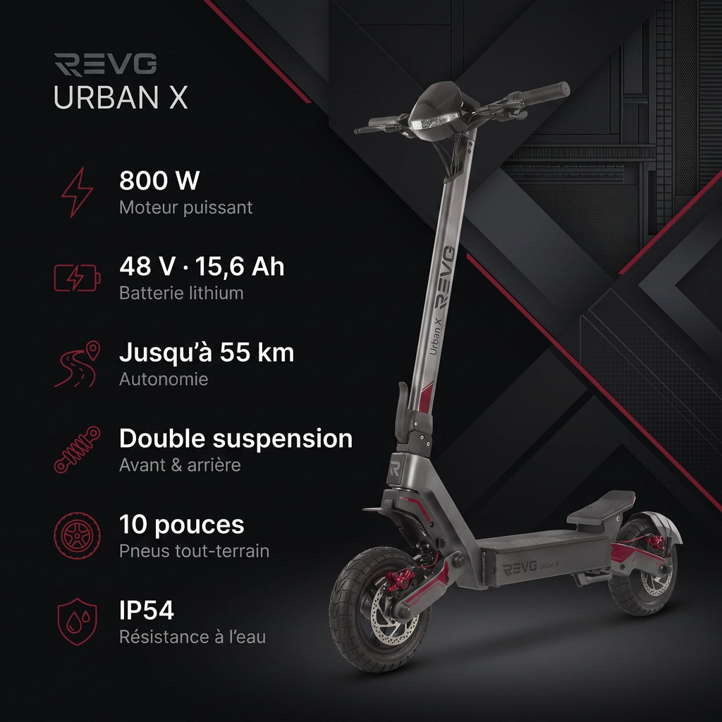 Trottinette électrique REVO Urban X – 800 W – Autonomie 55 km – Pneus 10" – Suspensions AV/AR