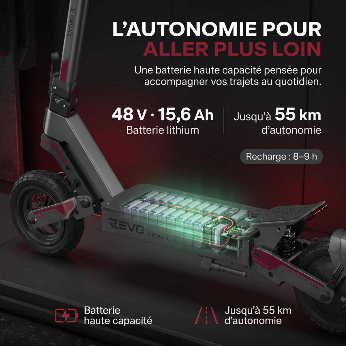 Trottinette électrique REVO Urban X – 800 W – Autonomie 55 km – Pneus 10" – Suspensions AV/AR