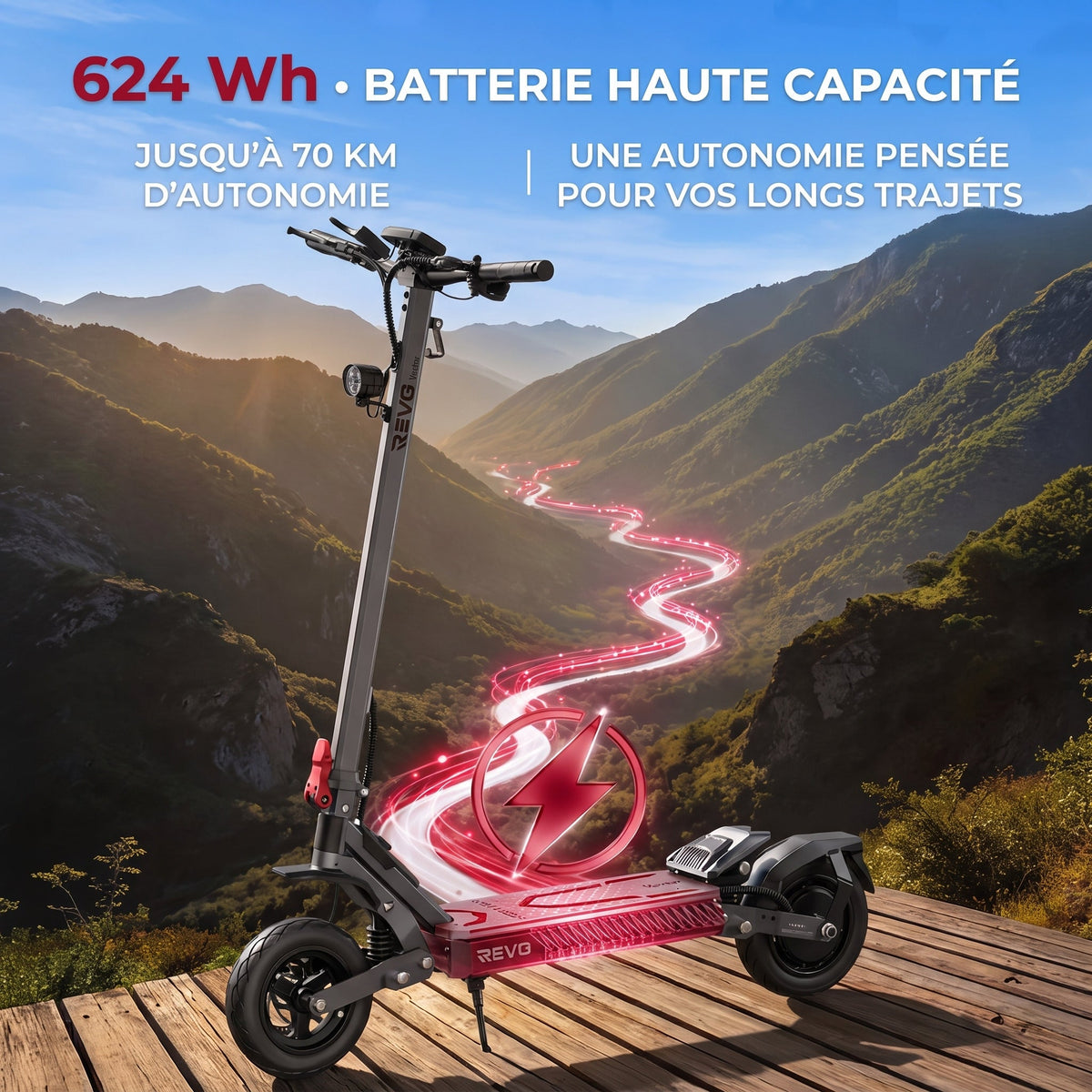Trottinette électrique REVO Vector – 1100 W max. – Autonomie 70 km – Batterie 48 V 13 Ah – Pneus 10" – Suspension et NFC