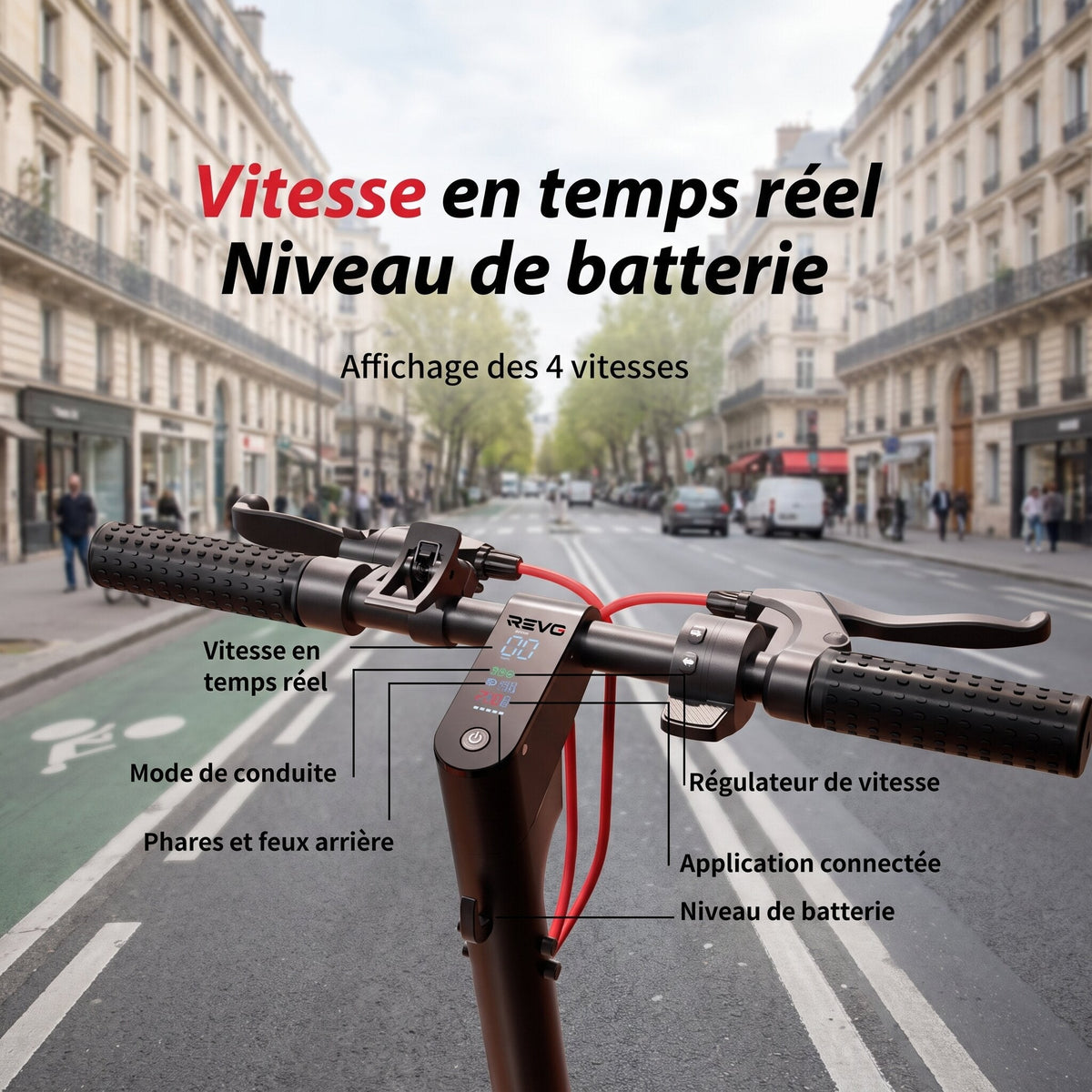 Trottinette électrique REVO Pulse – 750 W – Autonomie 45 km – Batterie 48 V 14 Ah – Pneus 9,3" – 4 modes
