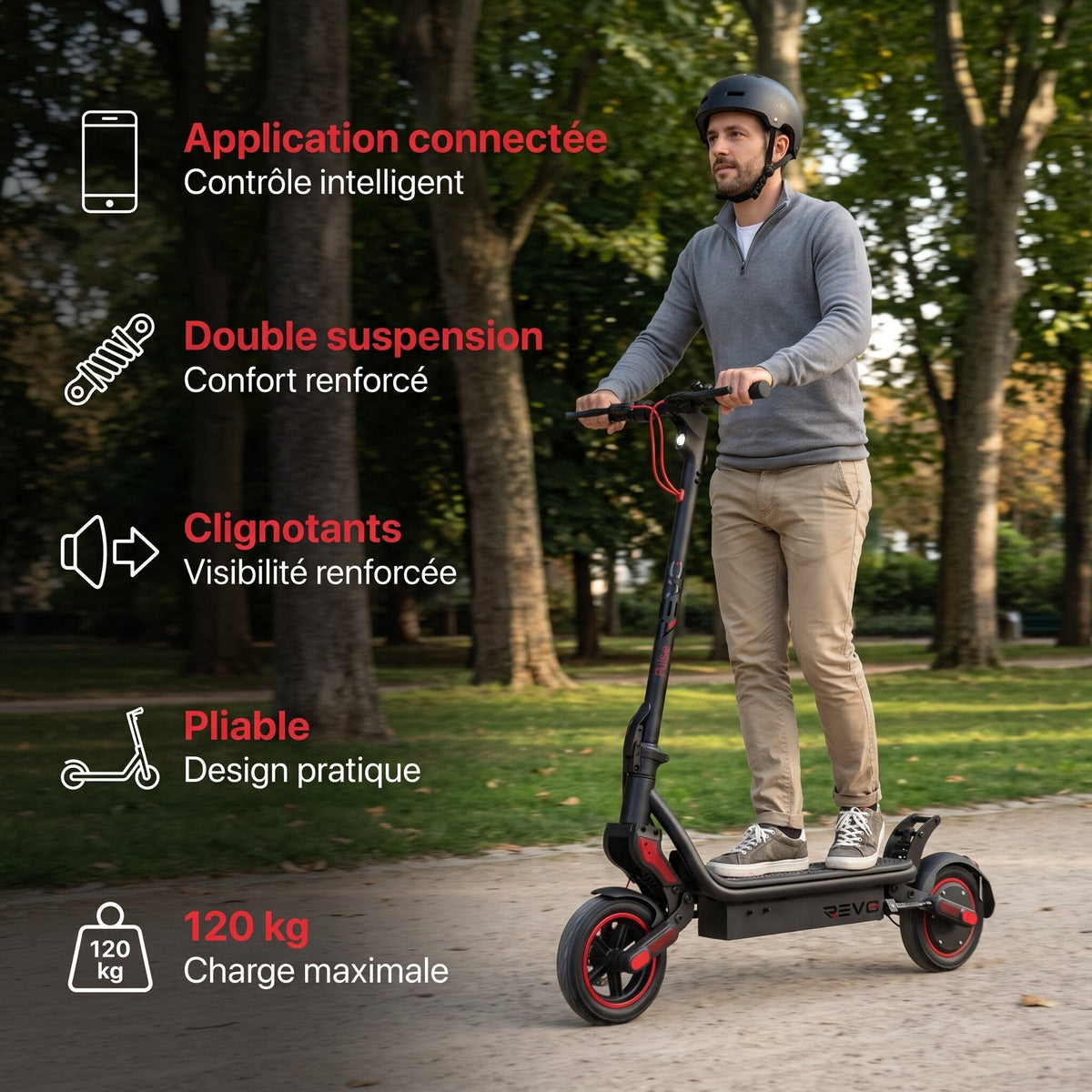 Trottinette électrique REVO Pulse – 750 W – Autonomie 45 km – Batterie 48 V 14 Ah – Pneus 9,3" – 4 modes