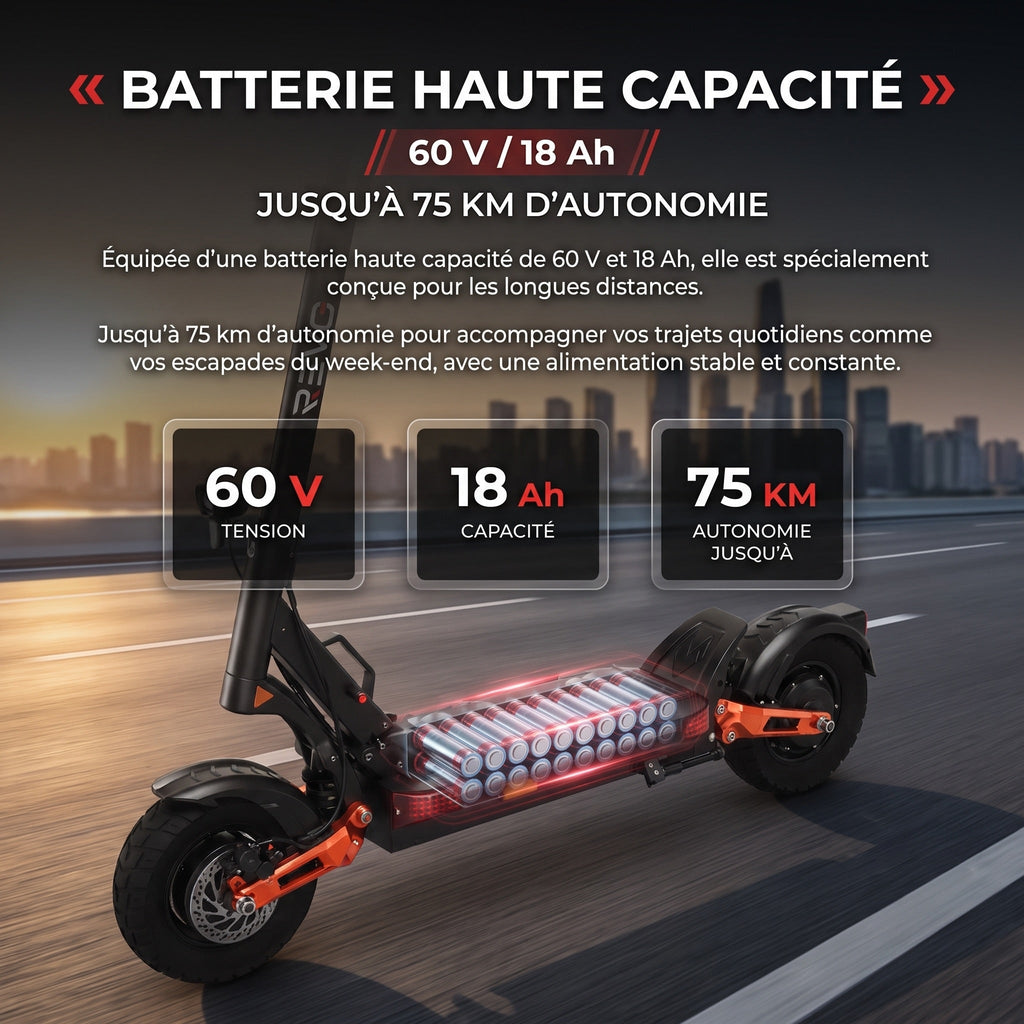 Trottinette Électrique REVO Titan X2 – Double Moteur 2 × 1 000 W – Autonomie jusqu’à 75 km – Batterie 60 V 18 Ah – Pneus Tout-Terrain 10"