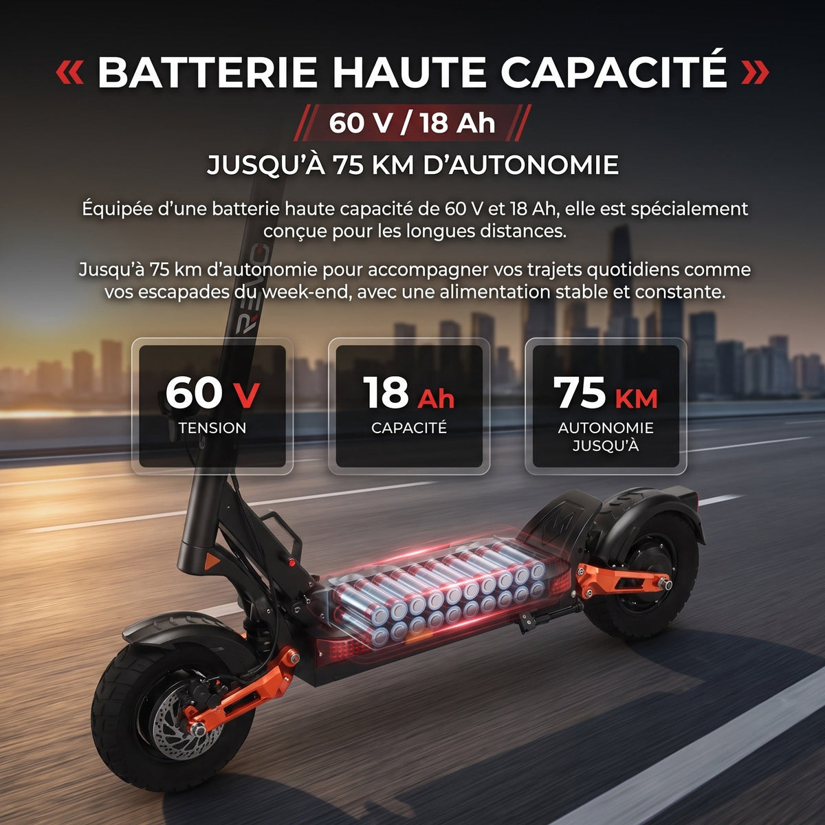Trottinette Électrique REVO Titan X2 – Double Moteur 2 × 1 000 W – Autonomie jusqu’à 75 km – Batterie 60 V 18 Ah – Pneus Tout-Terrain 10"
