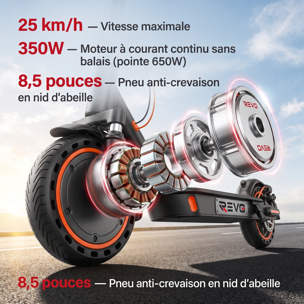 Trottinette Électrique REVO Nova – 350 W (Crête 650 W) – Autonomie 30-35 km – Batterie 36V 7,8 Ah – Pneus 8,5" Nid d'Abeille