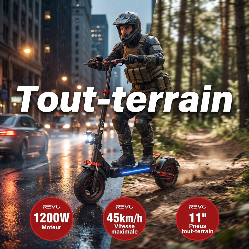 Trottinette électrique REVO Peak – 1000 W (pic 1200 W) – Autonomie 55 km – Batterie 48V 15Ah – Pneus 11" tout-terrain