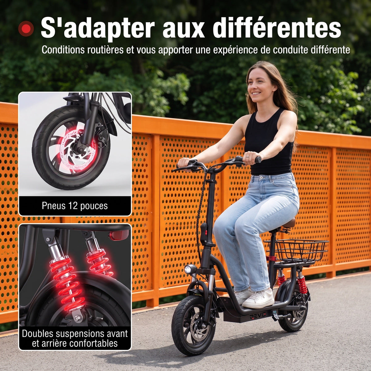 Trottinette électrique REVO Zenith – 500 W – Autonomie 35 km – Batterie 36 V 7,5 Ah – Pneus 12" – Avec siège