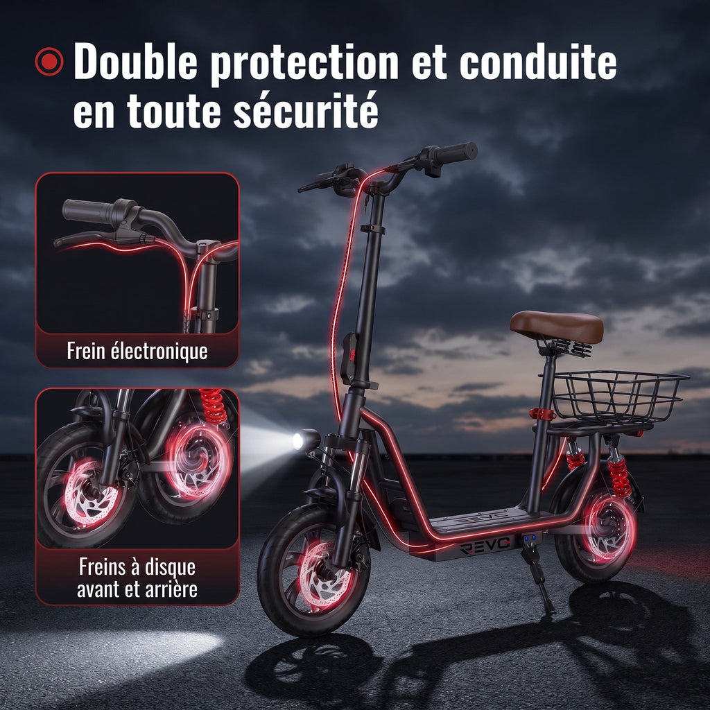 Trottinette électrique REVO Zenith – 500 W – Autonomie 35 km – Batterie 36 V 7,5 Ah – Pneus 12" – Avec siège