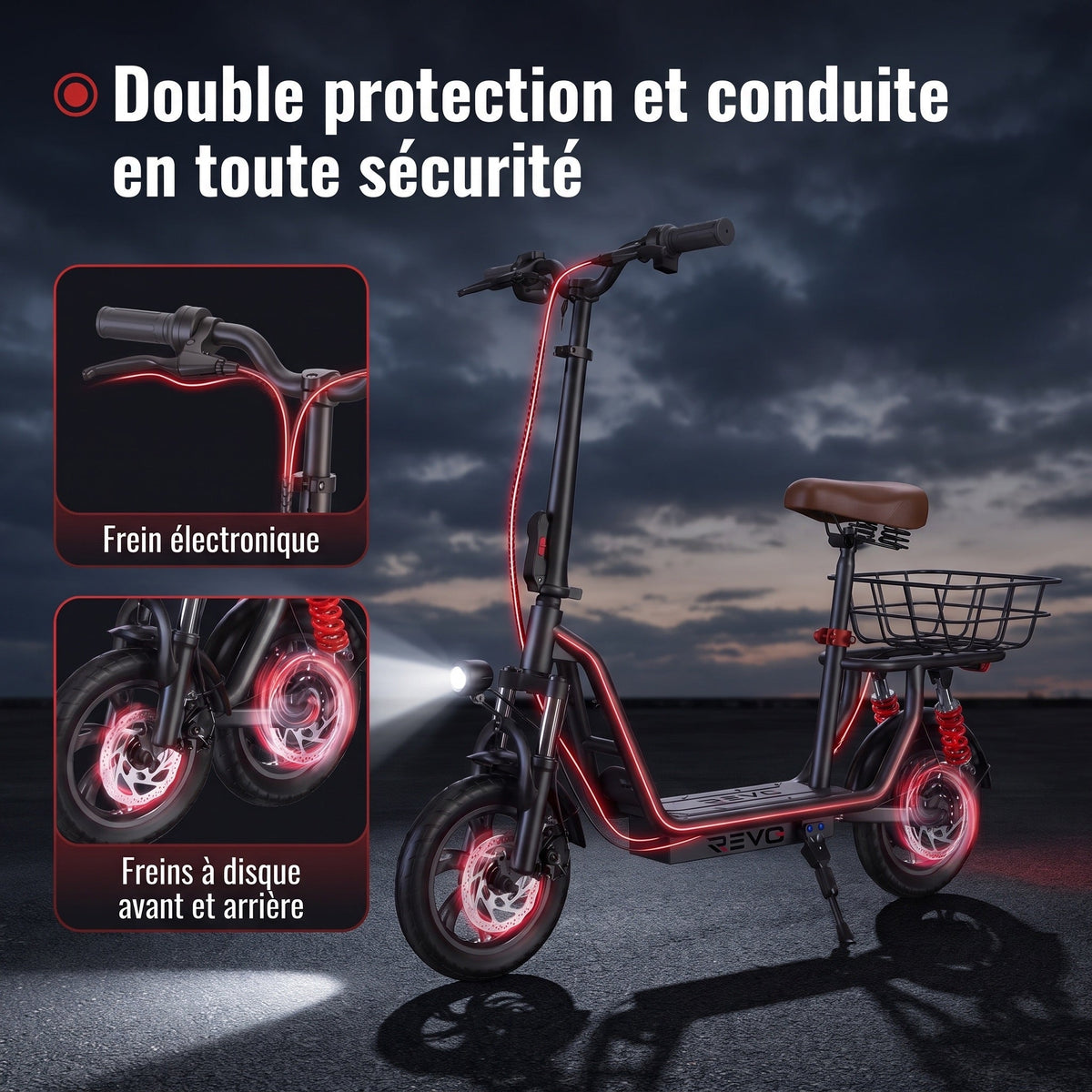 Trottinette électrique REVO Zenith – 500 W – Autonomie 35 km – Batterie 36 V 7,5 Ah – Pneus 12" – Avec siège