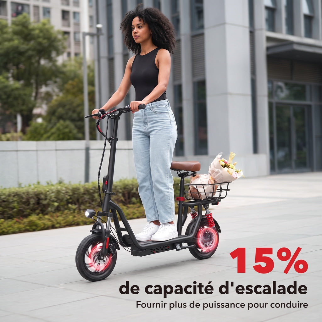 Trottinette électrique REVO Zenith – 500 W – Autonomie 35 km – Batterie 36 V 7,5 Ah – Pneus 12" – Avec siège