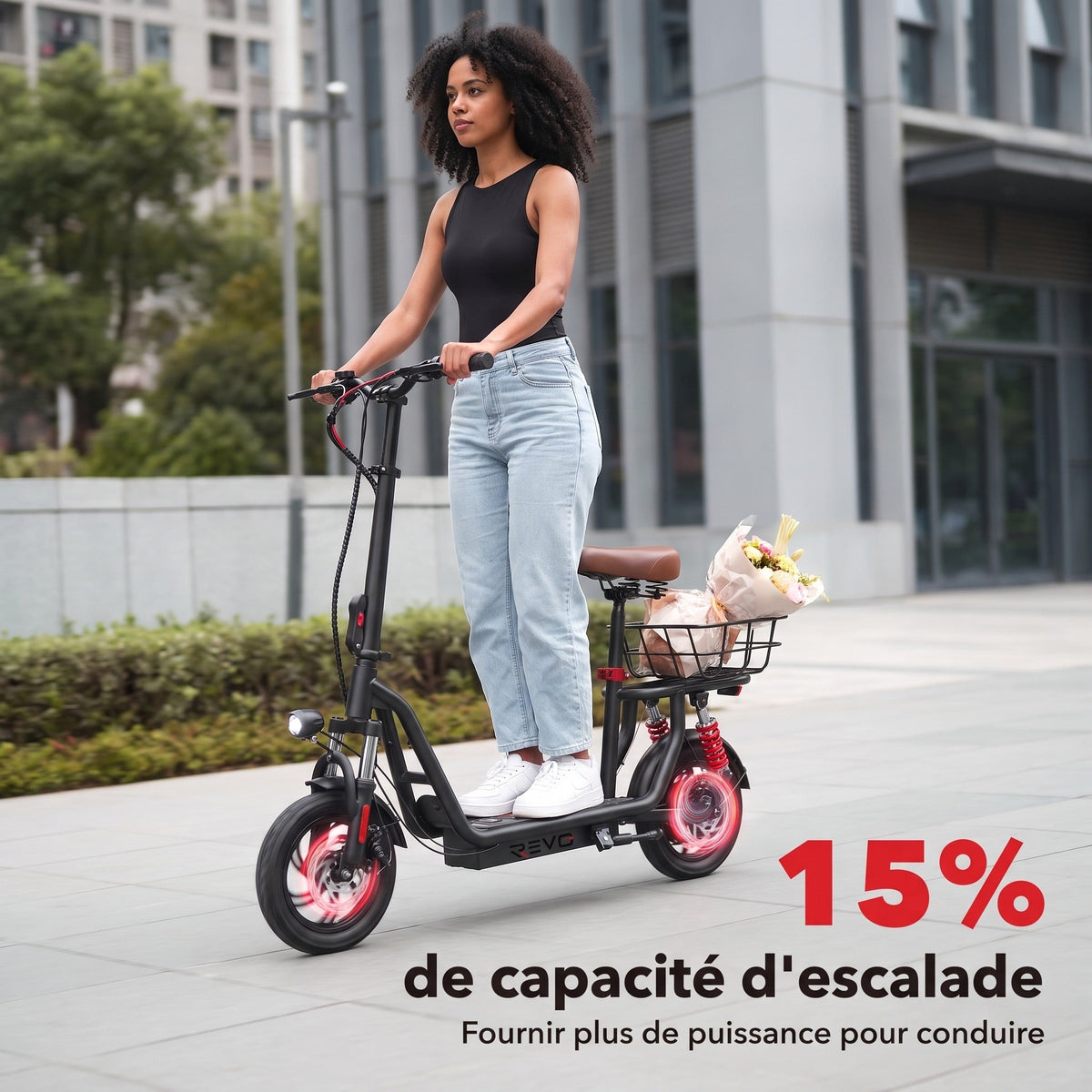 Trottinette électrique REVO Zenith – 500 W – Autonomie 35 km – Batterie 36 V 7,5 Ah – Pneus 12" – Avec siège