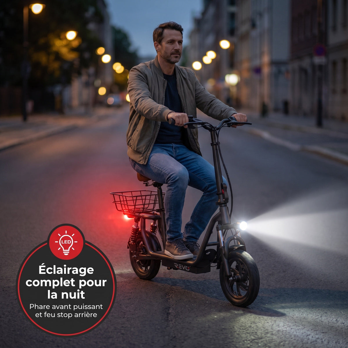 Trottinette électrique REVO Zenith – 500 W – Autonomie 35 km – Batterie 36 V 7,5 Ah – Pneus 12" – Avec siège