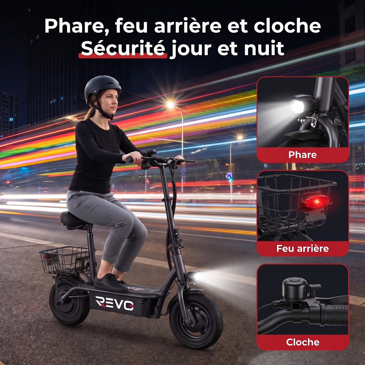 Trottinette électrique REVO Prime – 1000 W – Autonomie 55-60 km – Batterie 48 V 13 Ah – Siège confort intégré
