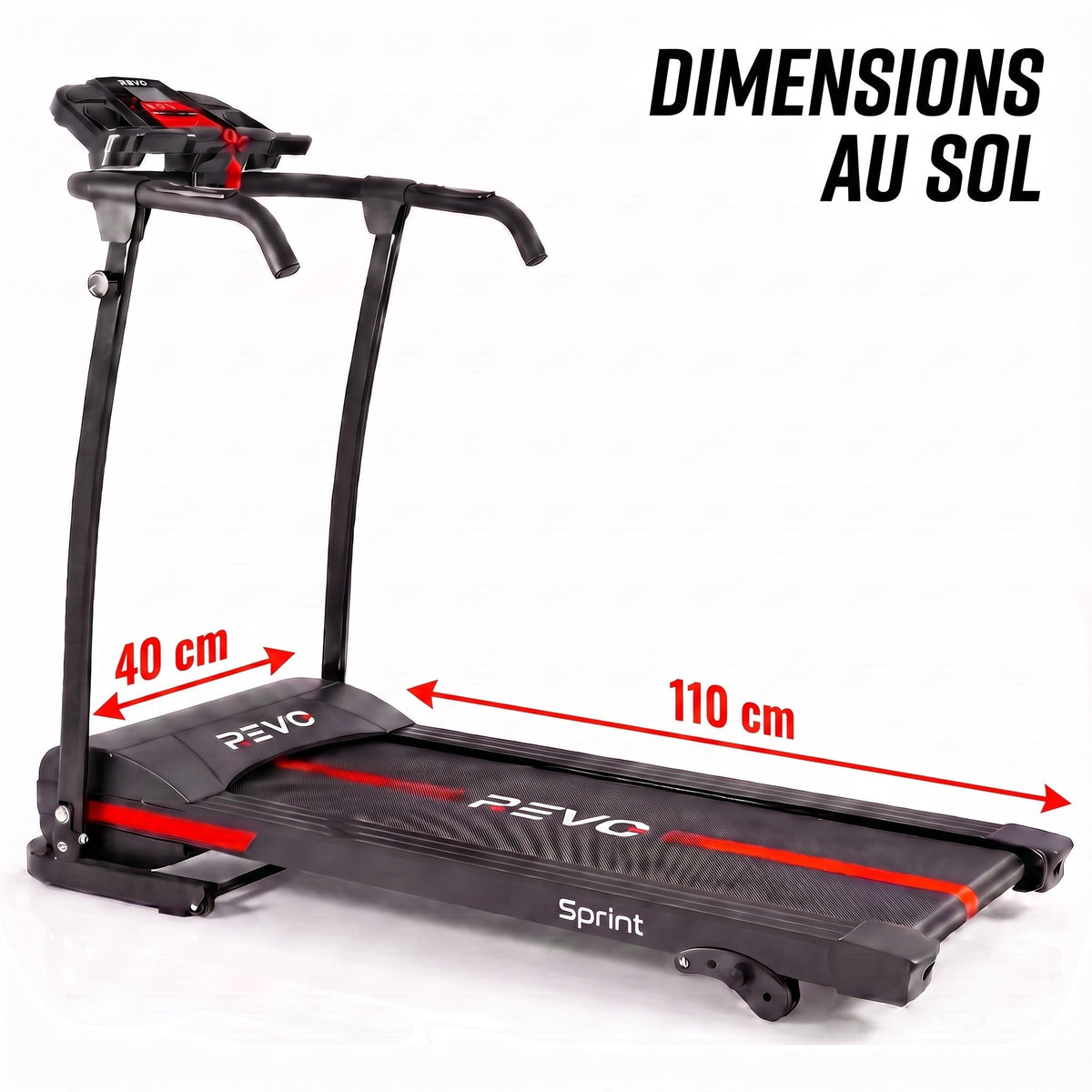 Tapis de course électrique REVO Sprint – 1100 W / 1,5 CV – Vitesse jusqu'à 12 km/h – Pliable – Inclinaison réglable