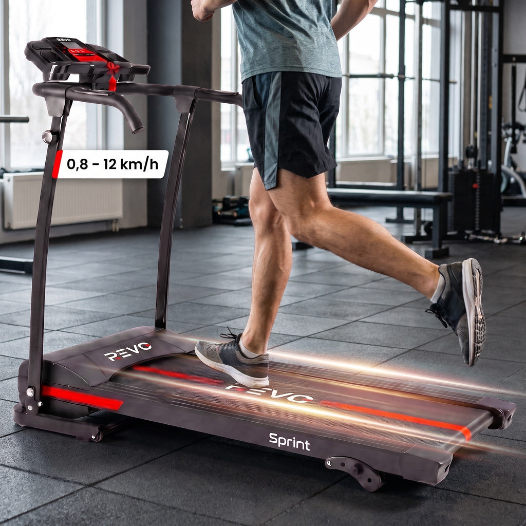 Tapis de course électrique REVO Sprint – 1100 W / 1,5 CV – Vitesse jusqu'à 12 km/h – Pliable – Inclinaison réglable