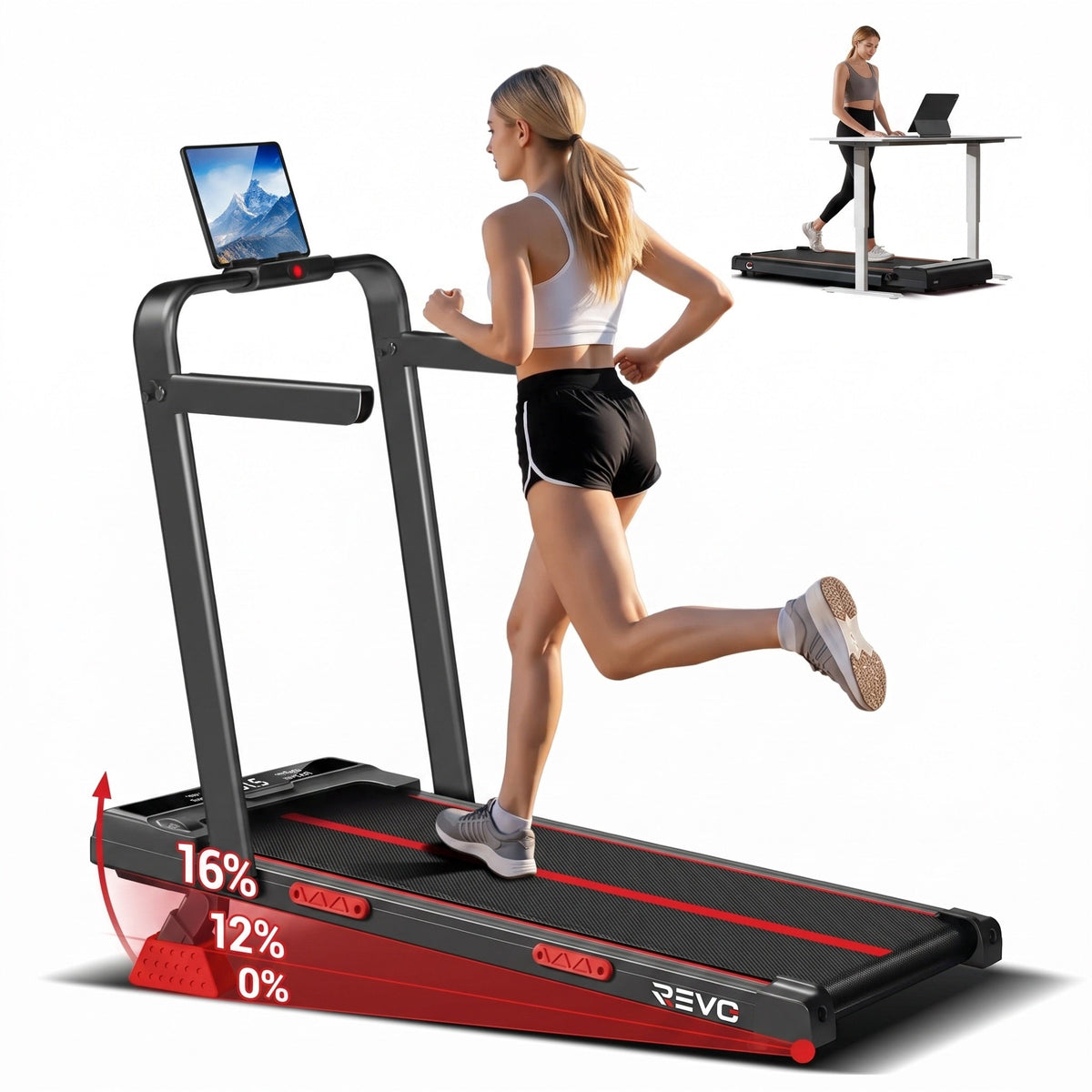 Tapis de course pliable REVO Vantage – Moteur 3,0 CV – Inclinaison manuelle 16 % – Vitesse 1-10 km/h – Télécommande