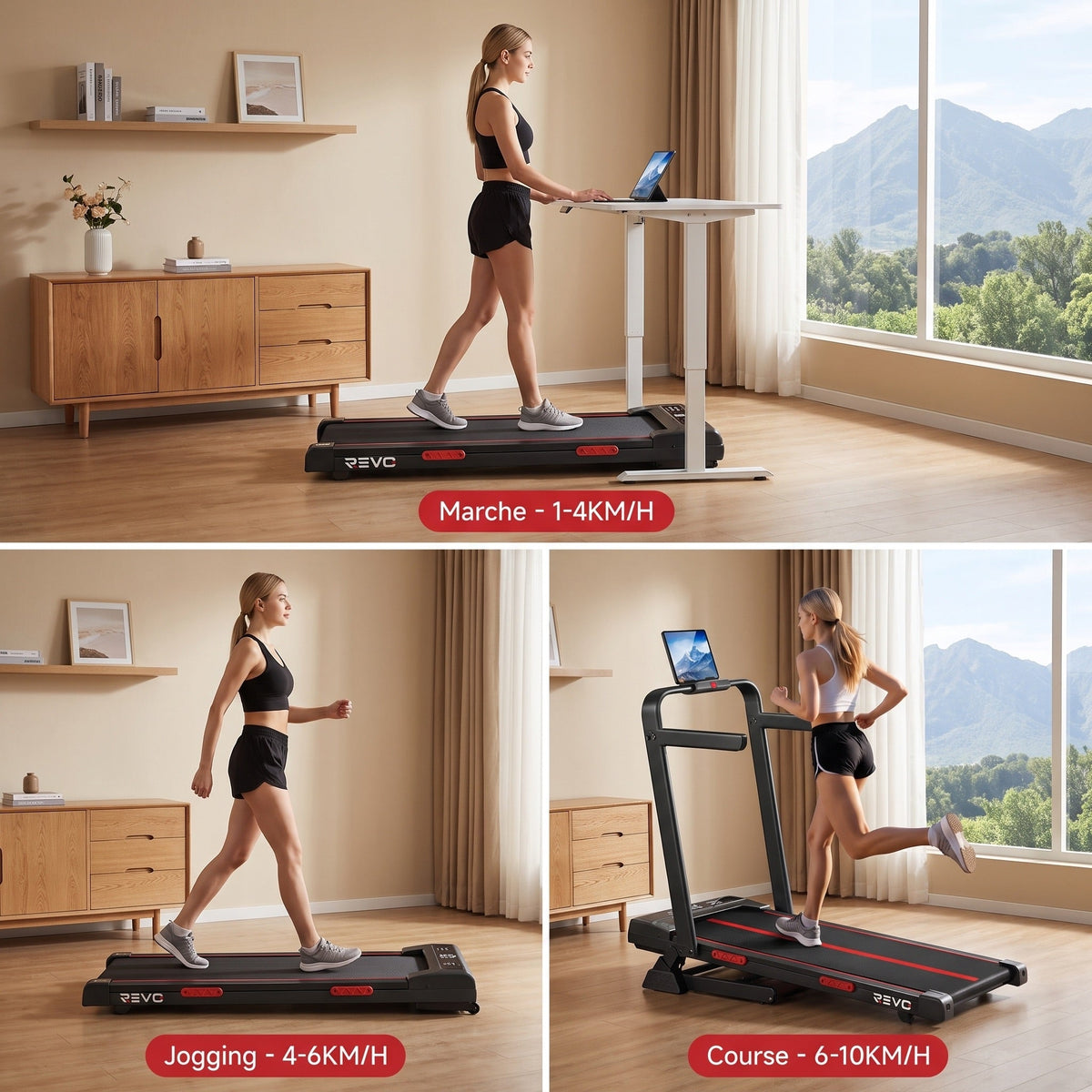 Tapis de course pliable REVO Vantage – Moteur 3,0 CV – Inclinaison manuelle 16 % – Vitesse 1-10 km/h – Télécommande