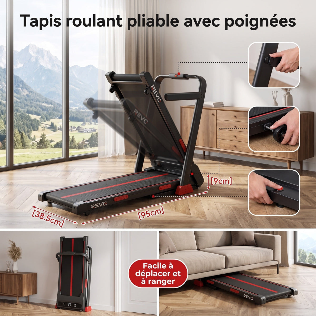 Tapis de course pliable REVO Vantage – Moteur 3,0 CV – Inclinaison manuelle 16 % – Vitesse 1-10 km/h – Télécommande