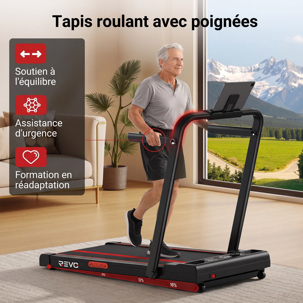 Tapis de course pliable REVO Vantage – Moteur 3,0 CV – Inclinaison manuelle 16 % – Vitesse 1-10 km/h – Télécommande
