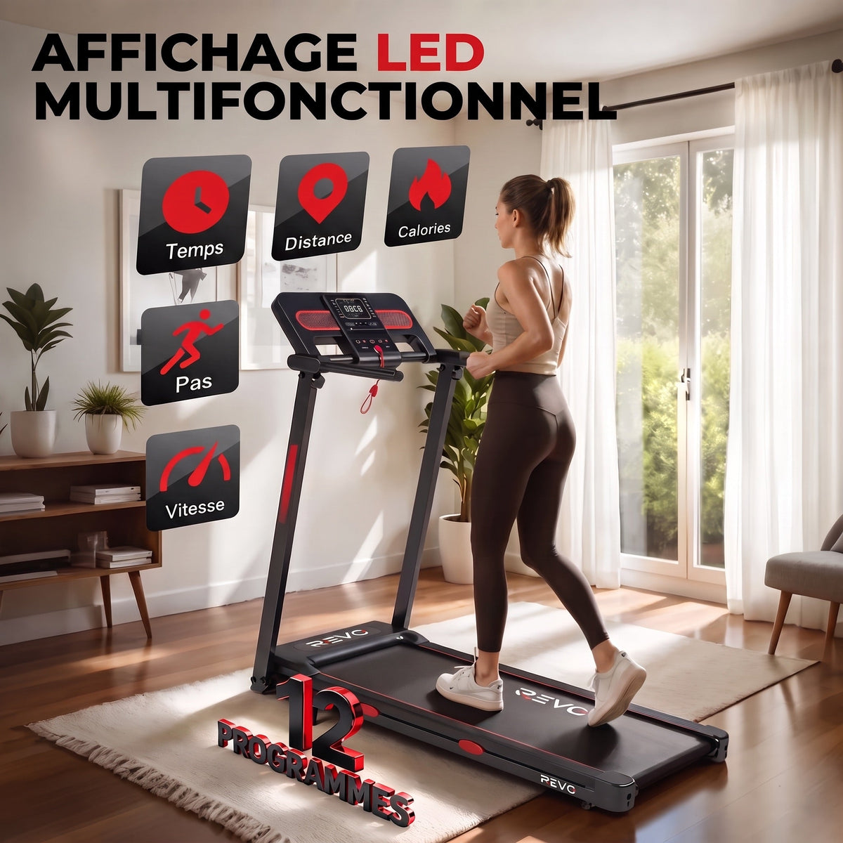 Tapis de course pliable REVO Vita – Moteur 3,0 CV – Vitesse 1 à 14 km/h – Charge 150 kg – Bluetooth