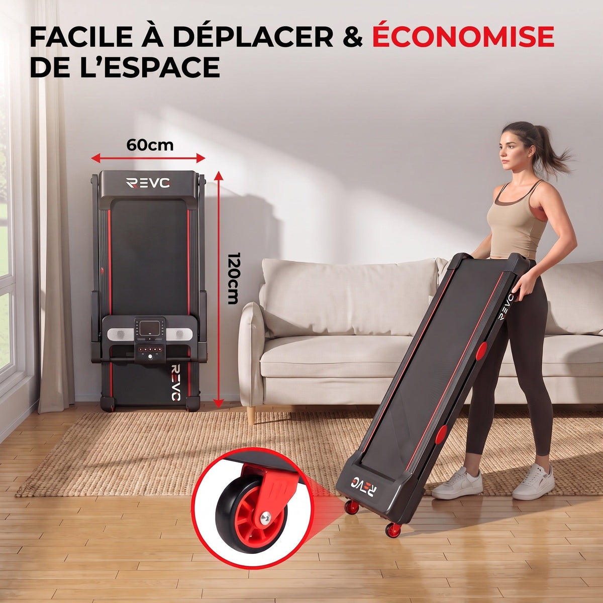 Tapis de course pliable REVO Vita – Moteur 3,0 CV – Vitesse 1 à 14 km/h – Charge 150 kg – Bluetooth