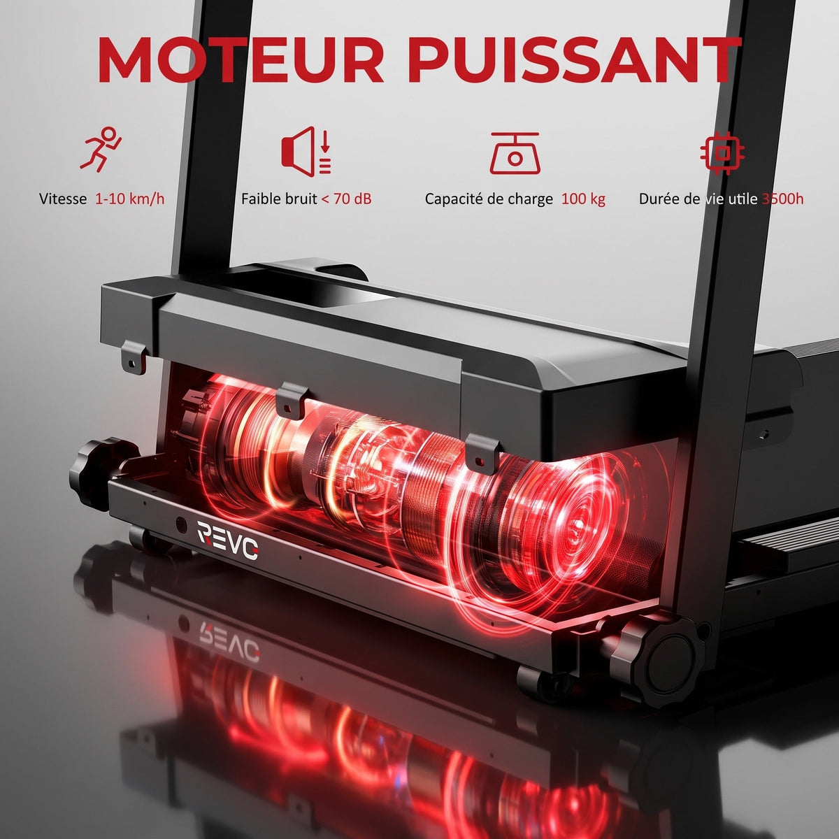 Tapis de course pliable REVO Pace – 10 km/h – 12 programmes – Charge 100 kg – Écran LED
