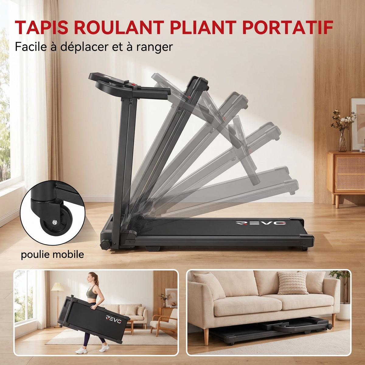 Tapis de course pliable REVO Pace – 10 km/h – 12 programmes – Charge 100 kg – Écran LED