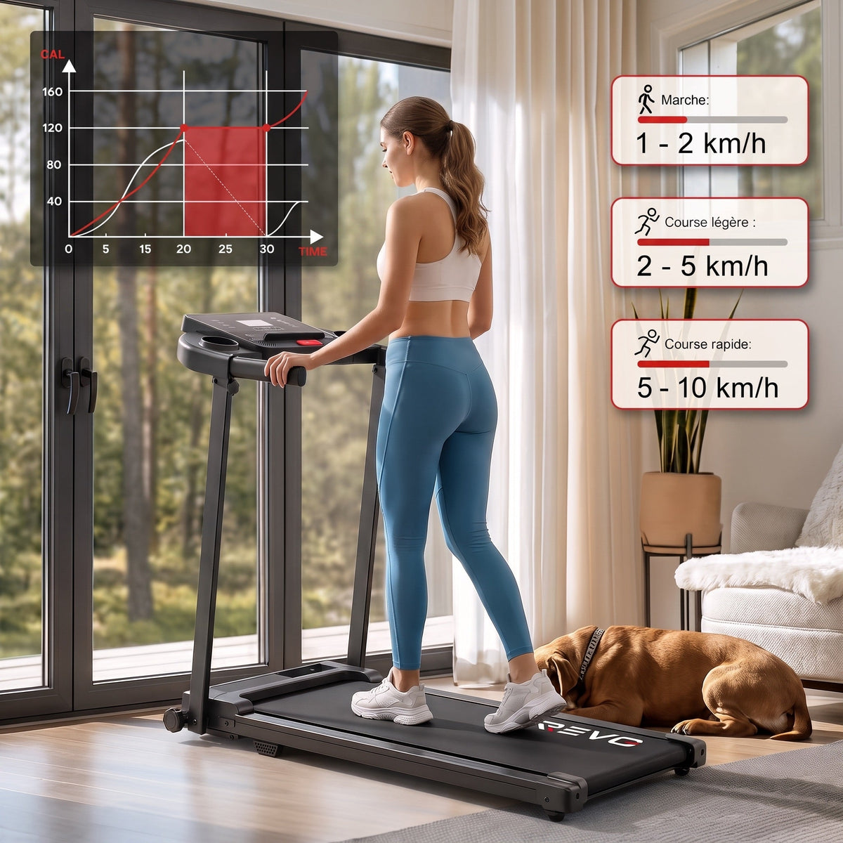Tapis de course pliable REVO Pace – 10 km/h – 12 programmes – Charge 100 kg – Écran LED