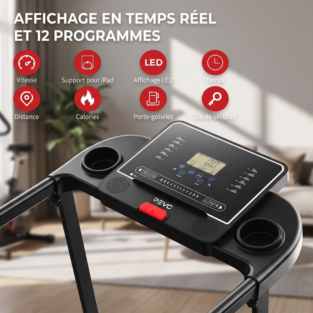 Tapis de course pliable REVO Pace – 10 km/h – 12 programmes – Charge 100 kg – Écran LED