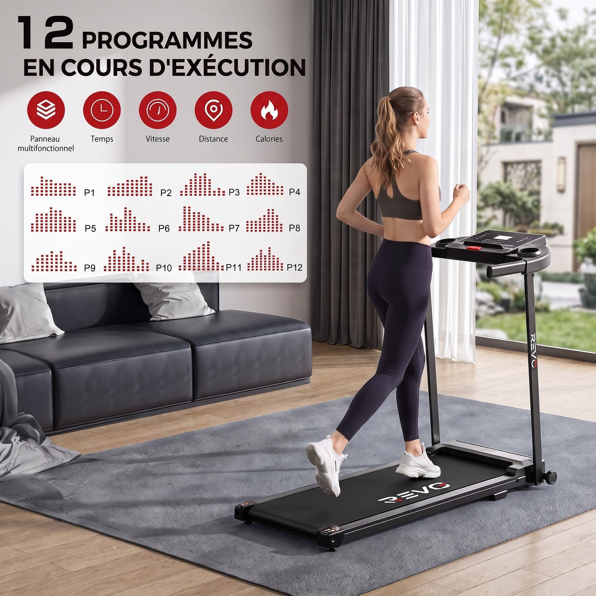 Tapis de course pliable REVO Pace – 10 km/h – 12 programmes – Charge 100 kg – Écran LED