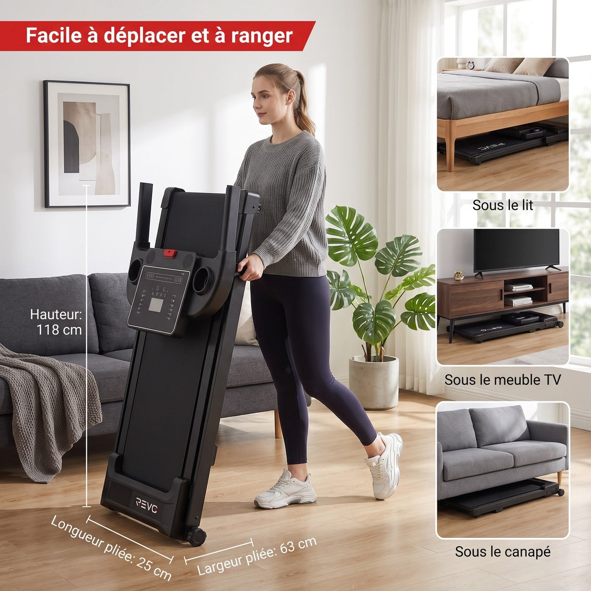 Tapis de course pliable REVO Pace – 10 km/h – 12 programmes – Charge 100 kg – Écran LED