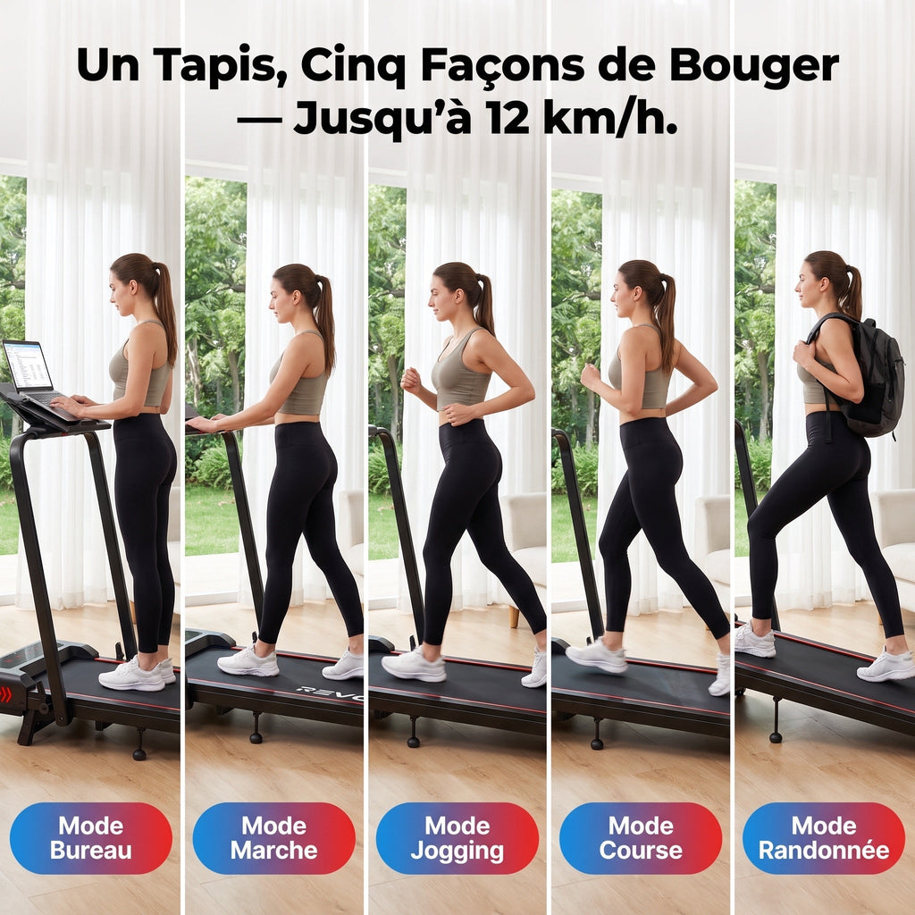 Tapis de course pliable REVO Trail – 12 km/h – 12 programmes HIIT – Écran LED et application connectée