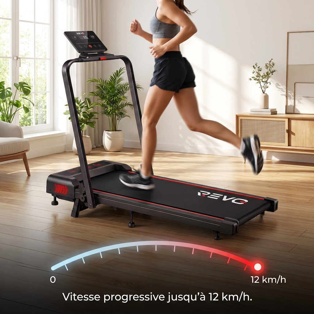 Tapis de course pliable REVO Trail – 12 km/h – 12 programmes HIIT – Écran LED et application connectée