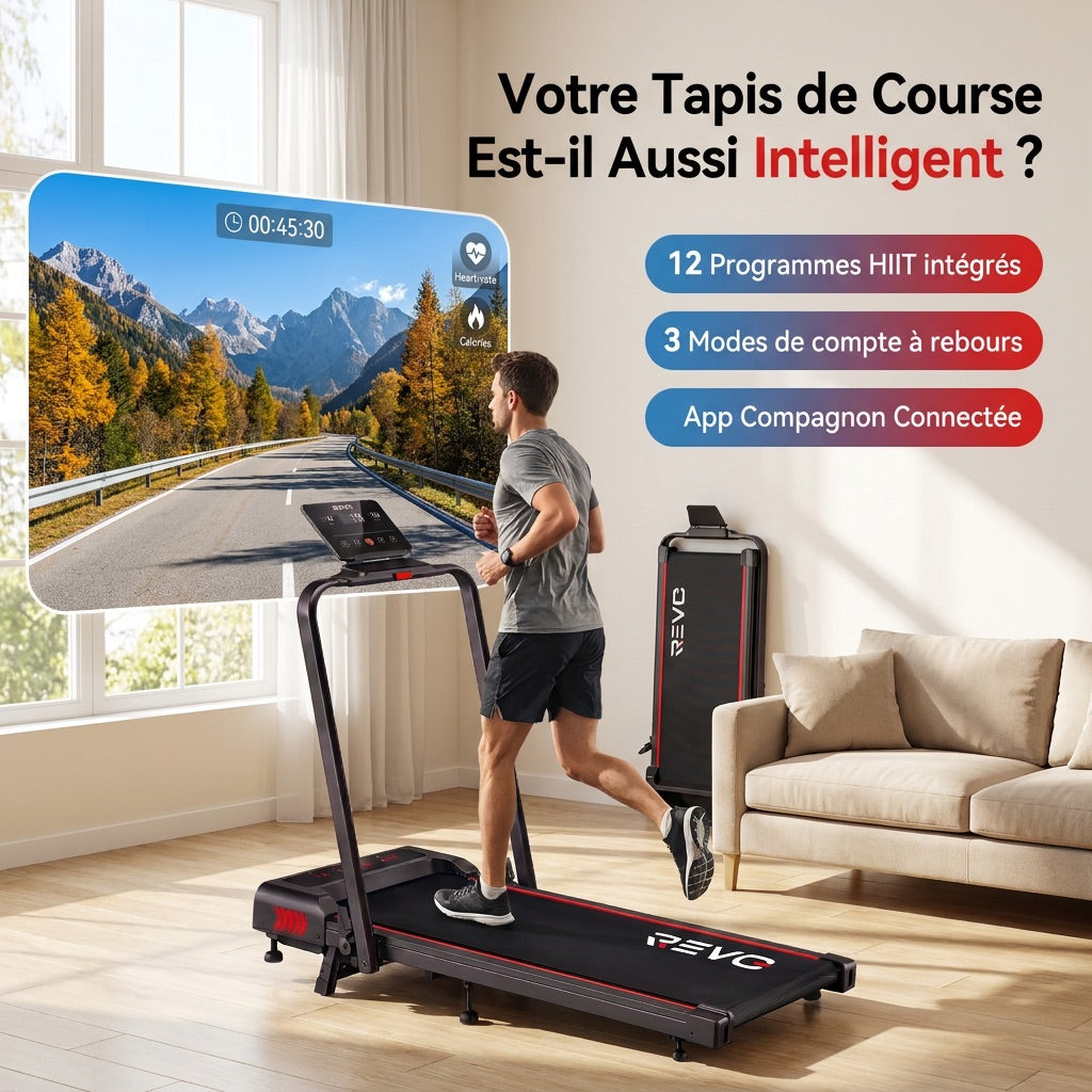 Tapis de course pliable REVO Trail – 12 km/h – 12 programmes HIIT – Écran LED et application connectée