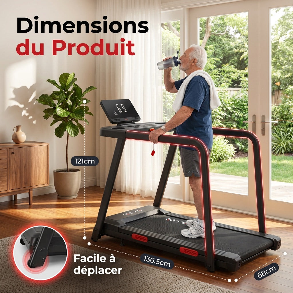REVO SafeWalk 3 - Treadmill 3.0 HP - 0.8 to 8.5 km/h - Handrails & Heart Rate Monitor