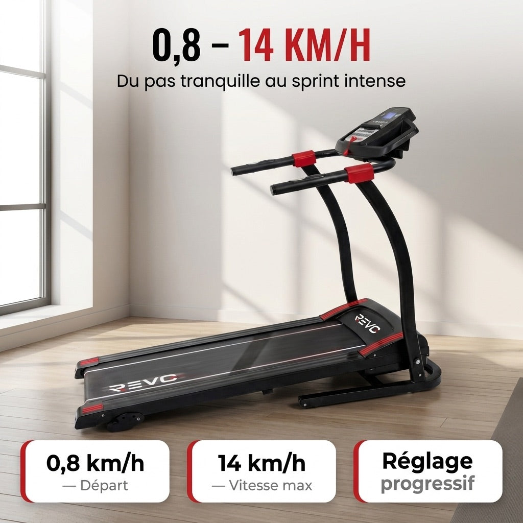 Tapis de course pliable REVO Motion 14 – 0,8 à 14 km/h – 12 programmes – Surface de course 123 × 40 cm – Charge maximale 120 kg
