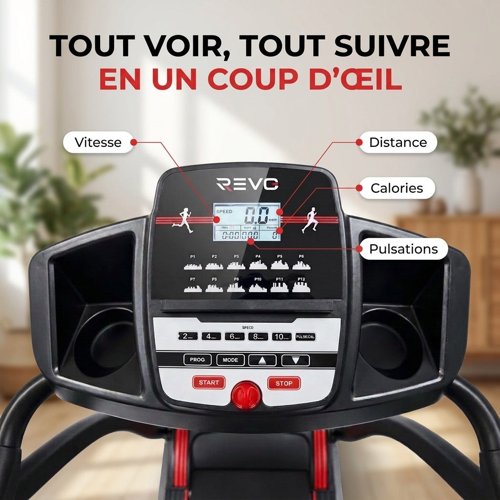 Tapis de course pliable REVO Motion 14 – 0,8 à 14 km/h – 12 programmes – Surface de course 123 × 40 cm – Charge maximale 120 kg