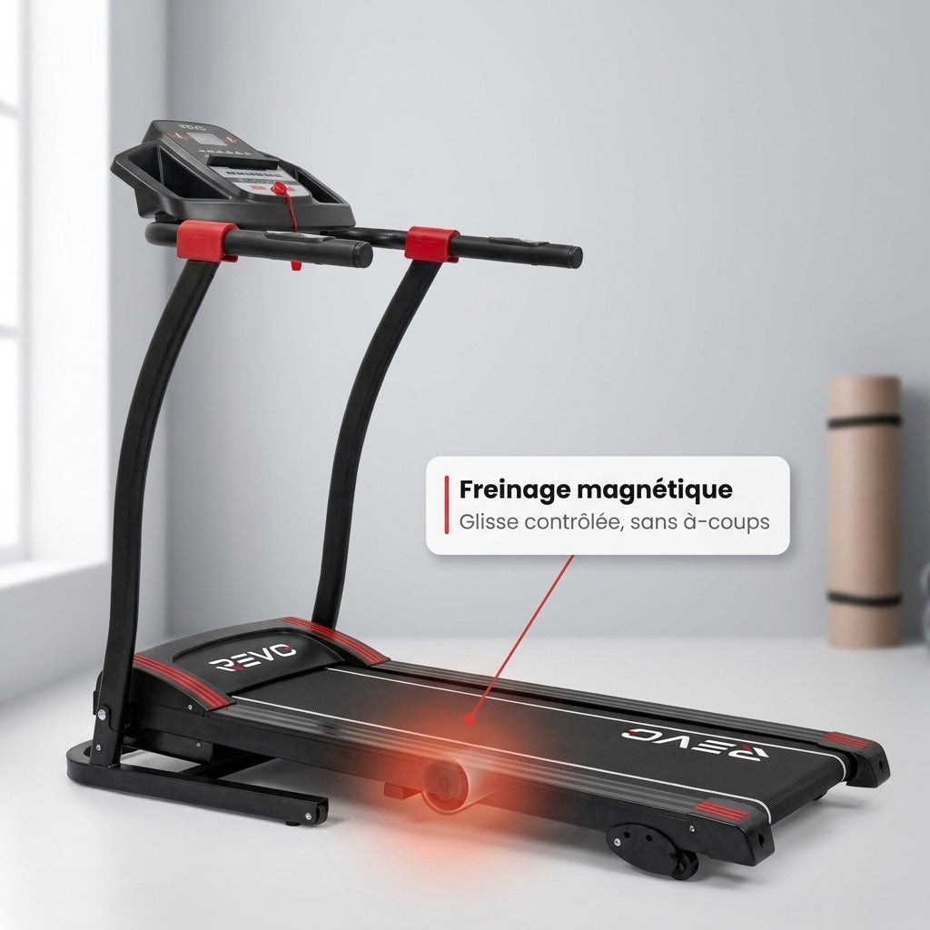 Tapis de course pliable REVO Motion 14 – 0,8 à 14 km/h – 12 programmes – Surface de course 123 × 40 cm – Charge maximale 120 kg