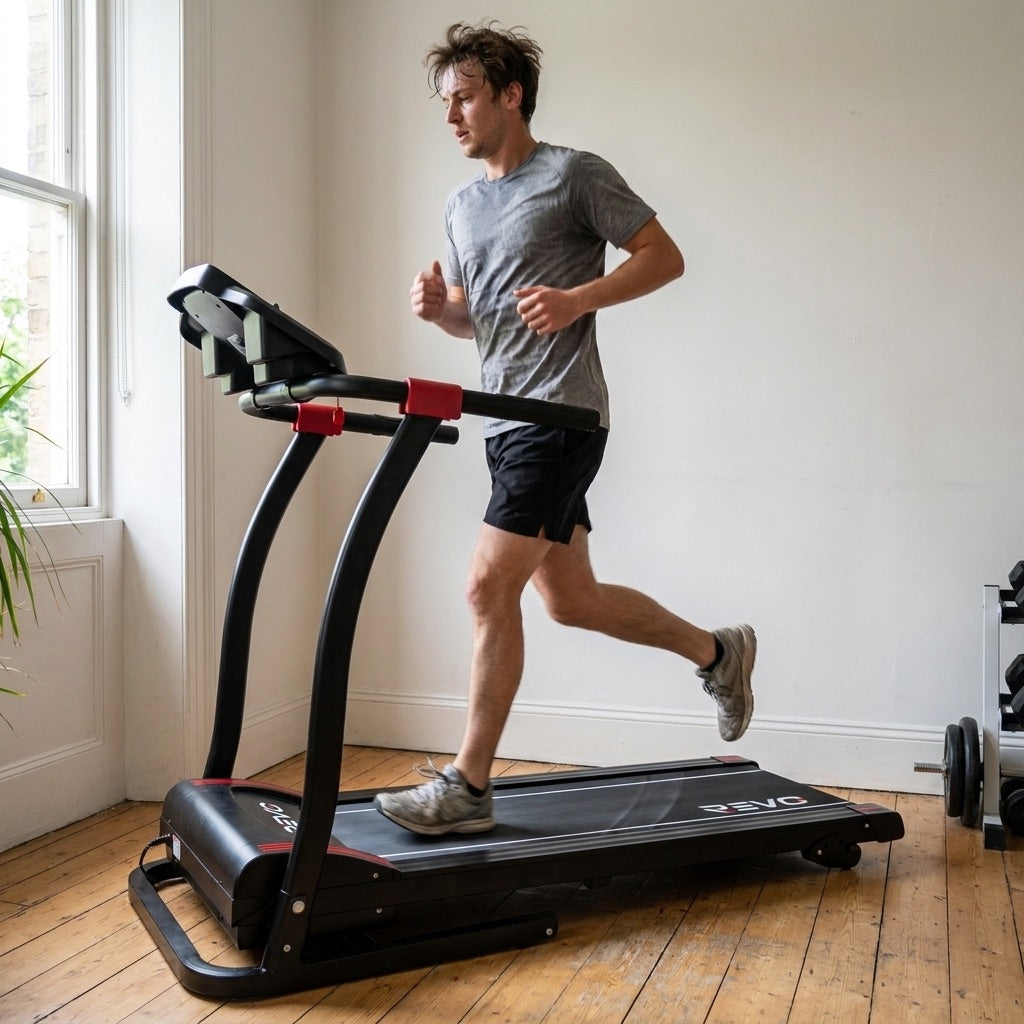 Tapis de course pliable REVO Motion 14 – 0,8 à 14 km/h – 12 programmes – Surface de course 123 × 40 cm – Charge maximale 120 kg