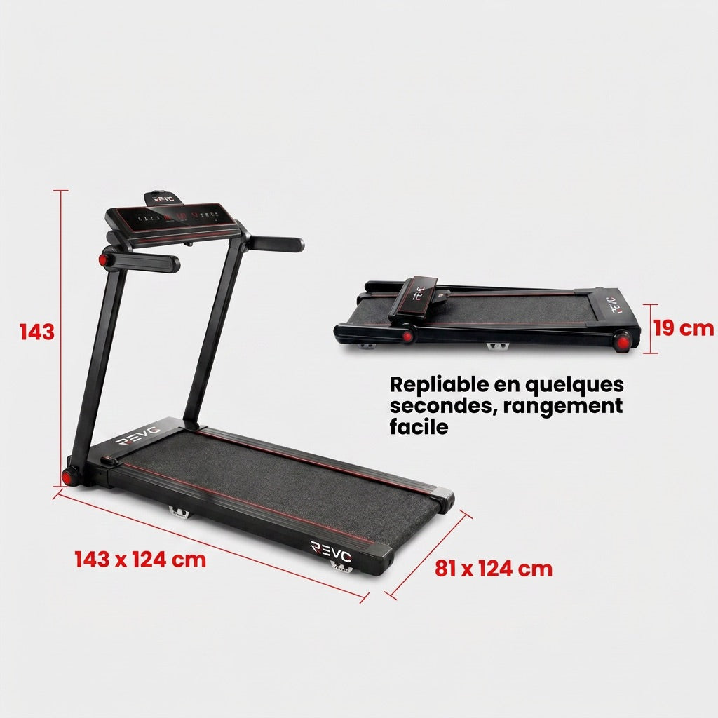 REVO Tempo 16 Folding Treadmill – 1 to 16 km/h – 16 Programs – 120 × 45 cm Surface – Ultra-Compact 19 cm Fold